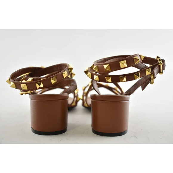 Valentino Rockstud Brown Flair City Ankle Strap Wrap Sandal Block Heel Pump 37 - Picture 11 of 12